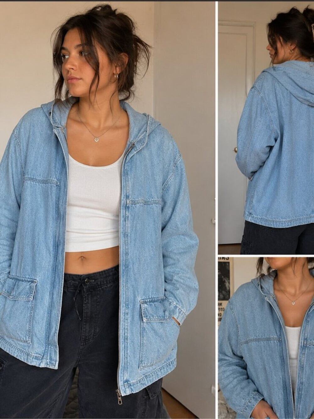 Y2K Oversized Denim Hoodie Jacket Light Wash Utility Zip Up Women's Large